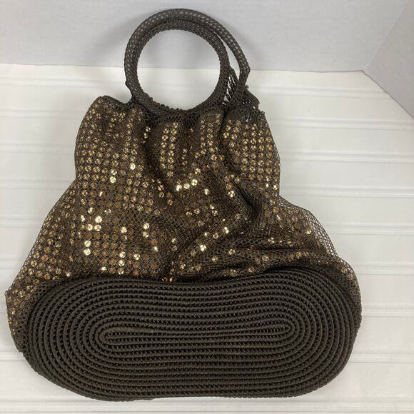 Gap Sequin Shoulder Bag Gold Brown Mesh Knit Circle Handles Retro Boho Y2K Bling - Picture 3 of 8